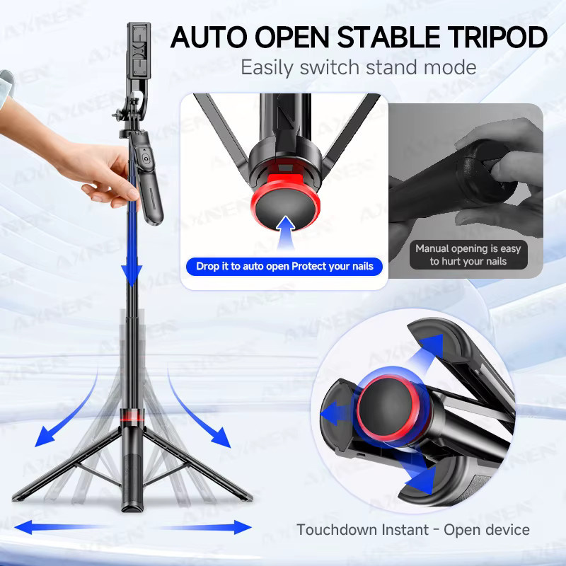 Axnen Automatischer Handyhalter mit Stativ und Selfie-Stick in Schwarz, 130 cm ausziehbar, 360 Grad drehbar mit kabelloser Fernbedienung - Bild 2