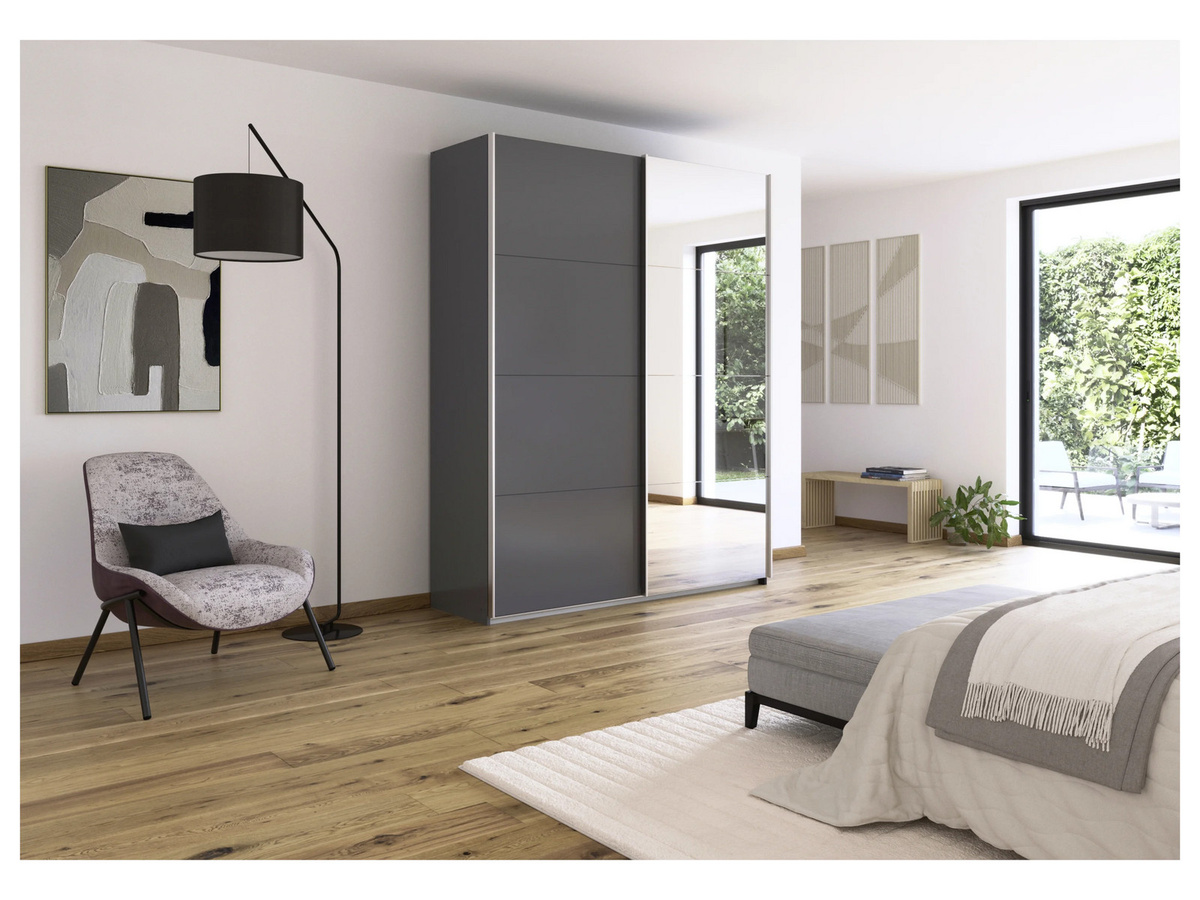 RAUCH Quadra Schwebetürenschrank mit Spiegelelementen und integrierten Schubladen, Farbe: Grau, B/H: 181 x 230 cm - Bild 2