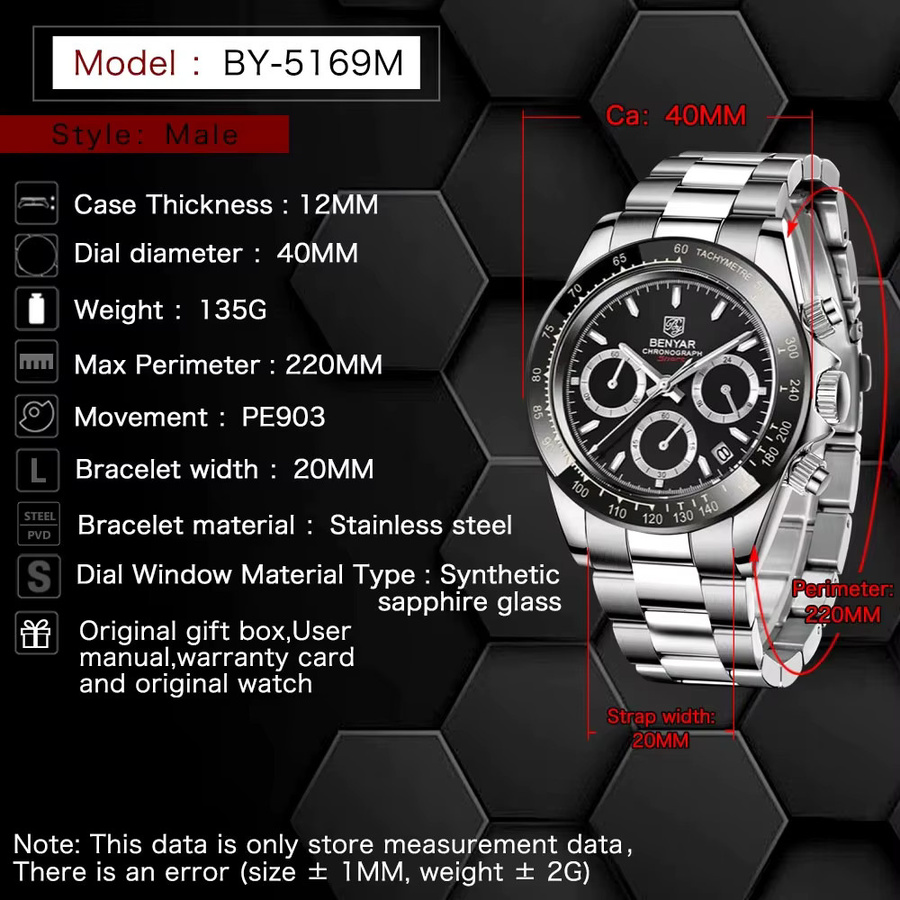 BENYAR Chronograph Armbanduhr, Quarz, Edelstahl, Schwarz, Herren - Bild 4