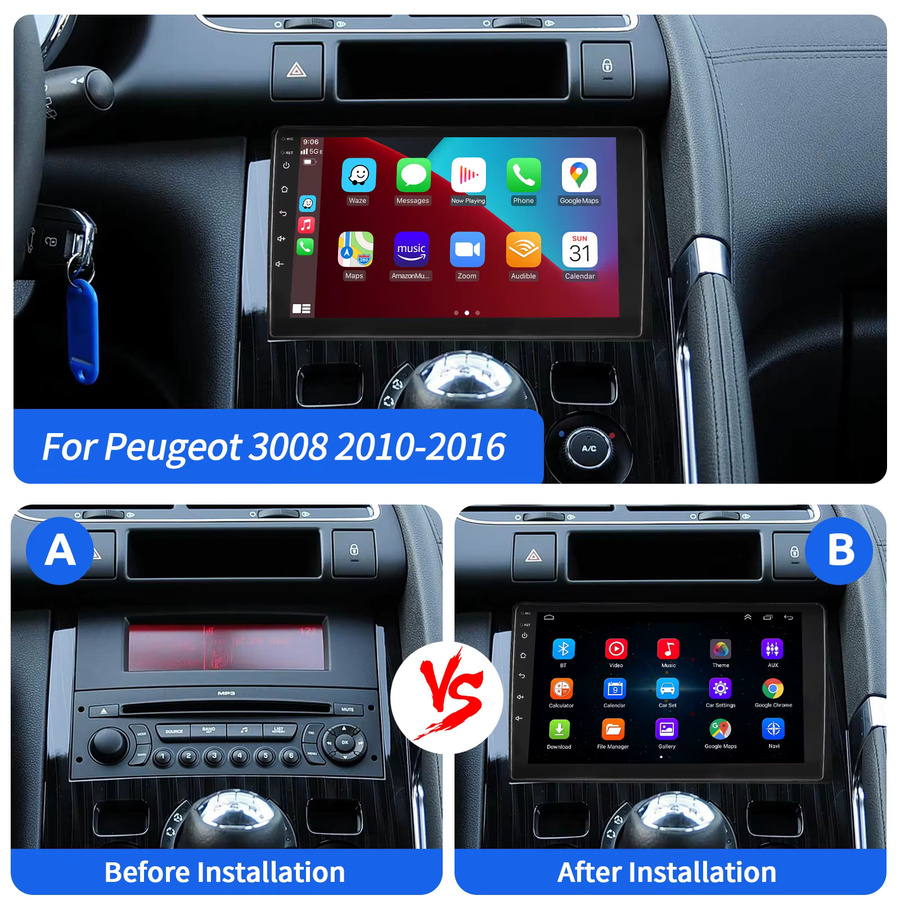 ESSGOO Android 15 Autoradio mit 9 Zoll Display für Peugeot 3008 5008 (2009-2016), 4+64 GB, Schwarz, GPS Navigation, WiFi, Wireless CarPlay, Android Auto, Bluetooth, CANBUS und Lenkradsteuerung - Bild 5