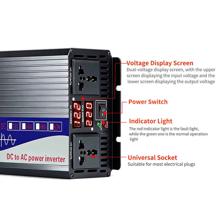CJ CHANGI Reiner Sinus-Wechselrichter 3000W bis 5000W DC 12V/24V zu AC 220V 50Hz mit Universal- und Europäischer Steckdose in Schwarz - Bild 2