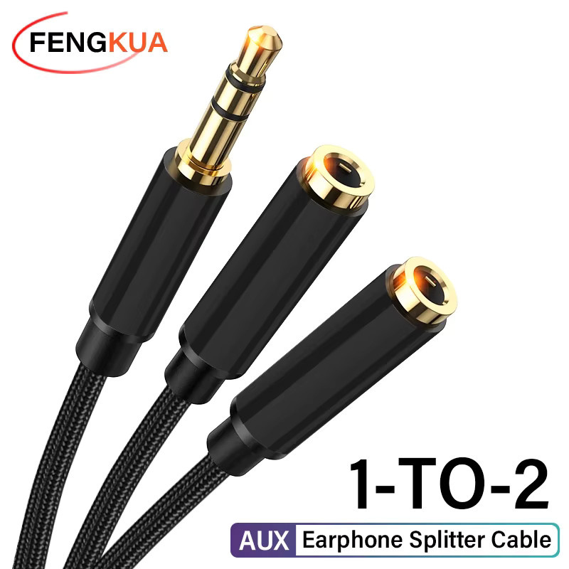 FENGKUABAO 3,5 mm Audio-Splitter-Verlängerungskabel mit 1 Stecker auf 2 Buchsen als Mikrofon-Y-Splitter für Laptop und Kopfhörer in Schwarz und Silber - Bild 1