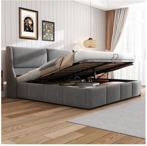 MUVOE Gepolstertes Doppelbett mit Kopfteil und hydraulischem Lift-up-Funktionsbett in Grau, B/T: 180 x 200 cm - Bild 1