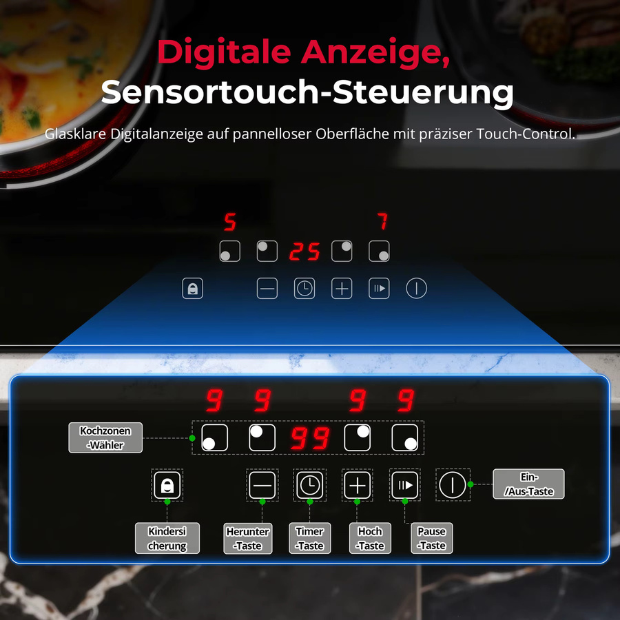 KICHPOWER Einbau-Induktionskochfeld in Schwarz mit 4 Zonen, Touch-Steuerung, Timer und Kindersicherung, Breite: 60 cm - Bild 4