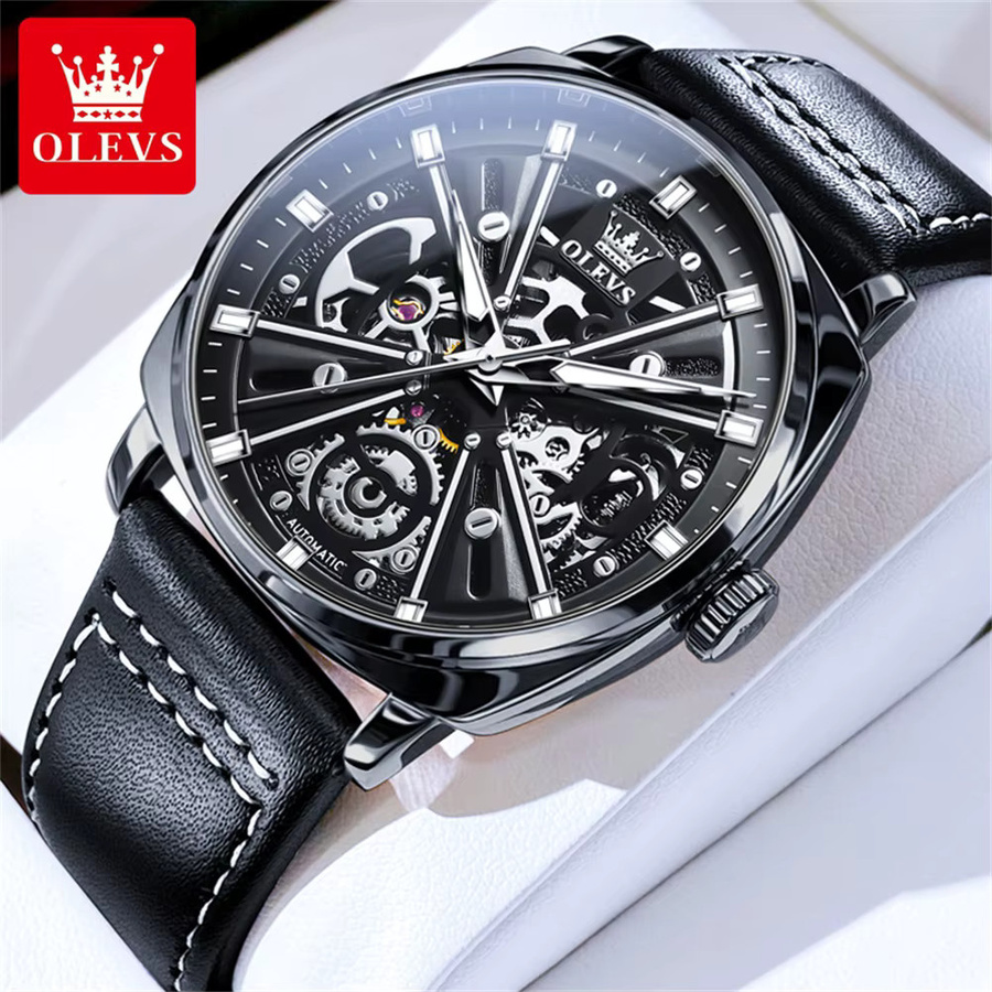 OLEVS Armbanduhr, Automatik, Tonneau, Leder, Schwarz, Herren - Bild 2
