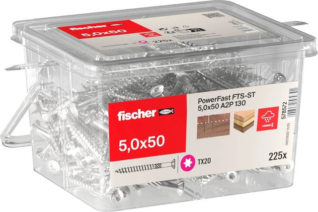 Fischer Terrassenschraube A2 Senkkopf Torx Teilgewinde aus Edelstahl in Silber, Durchmesser: 5 mm, Länge: 50 mm, 130 Stück - Bild 1