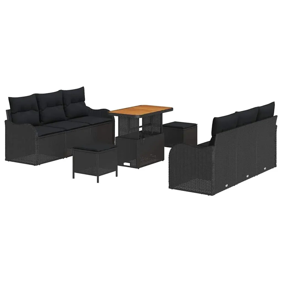 vidaXL 9-teiliges Garten-Sofa-Set in Schwarz aus Polyrattan und Akazie mit Kissen und Couchtisch - Bild 2