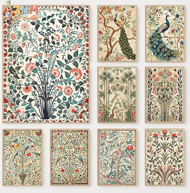 AZNM Vintage Pfauen-Blumen-Leinwand-Wandkunst im William-Morris-Stil, botanischer Textildruck in Multicolour - Bild 1