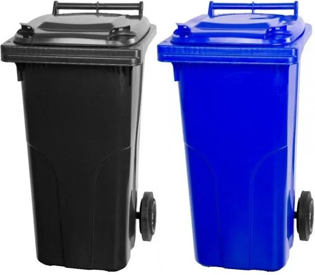 PROREGAL SuperSparSet 2x Mülltonne mit 2 Rädern aus HDPE-Kunststoff, 120 Liter, Grau/Schwarz & Blau - Bild 1