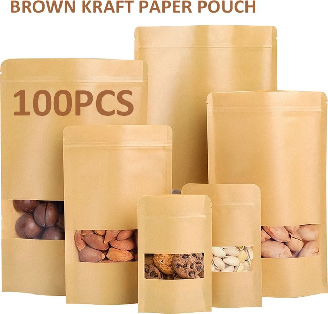 100 Stück wiederverschließbare Standbeutel aus braunem Kraftpapier mit Sichtfenster und Reißverschluss, feuchtigkeitsbeständig, ideal als Lebensmittel-Geschenkverpackung für Partys und Festivals - Bild 1