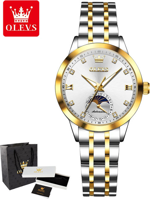 OLEVS Automatik-Armbanduhr Edelstahl, Mondphase, Diamant, Zirkonia, Damen - Bild 1