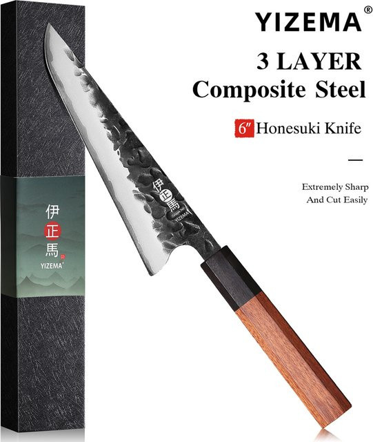 YIZEMA Honesuki Allzweckmesser aus 3-lagigem Verbundstahl, japanisches Kochmesser für Sashimi und Fleisch, Silber, Länge: 15,2 cm - Bild 1