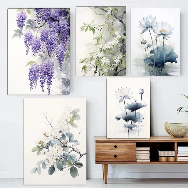Potdemiel Leinwandgemälde mit floralem Lotus-Motiv in Lila und Weiß, minimalistische Wandkunst für dein Wohnzimmer oder Büro - Bild 1