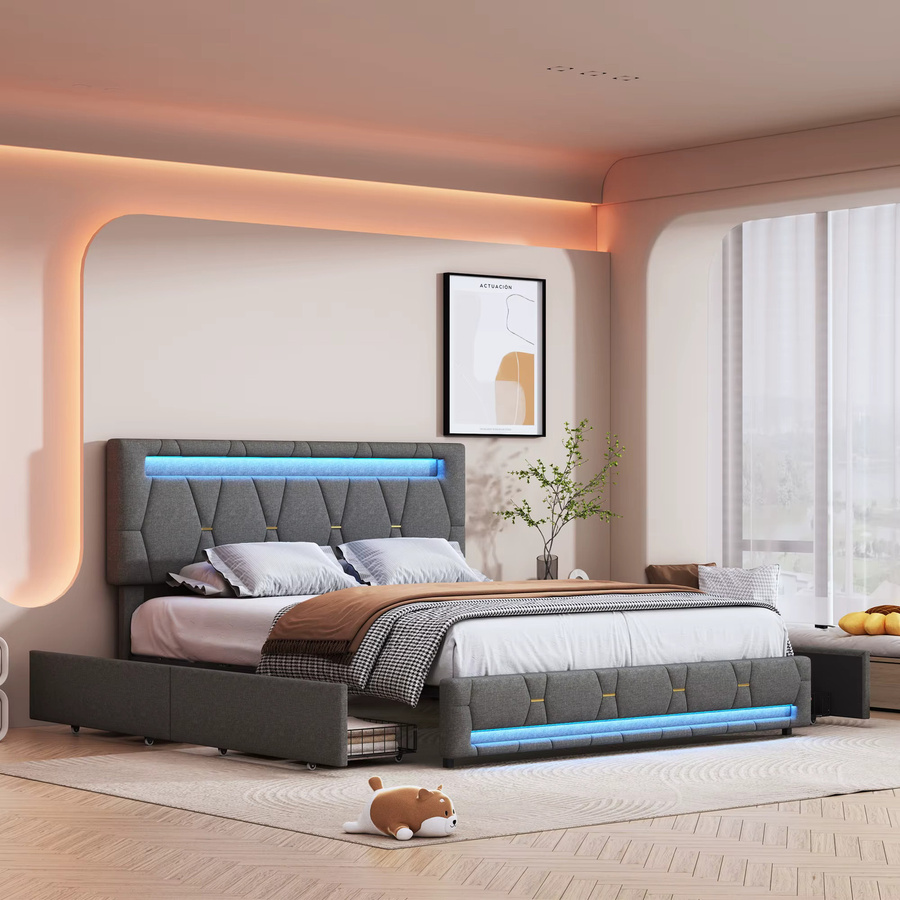 Polsterbett Grau mit 4 Schubladen und verstellbarem Kopfteil, Doppelbett mit Stauraum und Holzlattenrost, B/T/H: 140 x 200 cm - Bild 3