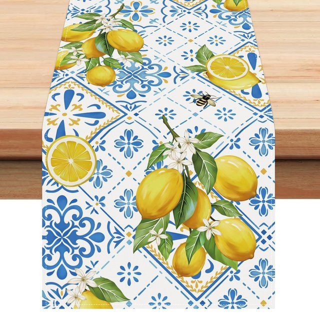 JMG Household Supplies Tischläufer aus Leinen mit Zitronen- und Fliesenmuster in Gelb und Blau, B/H: 150 x 33 cm - Bild 1