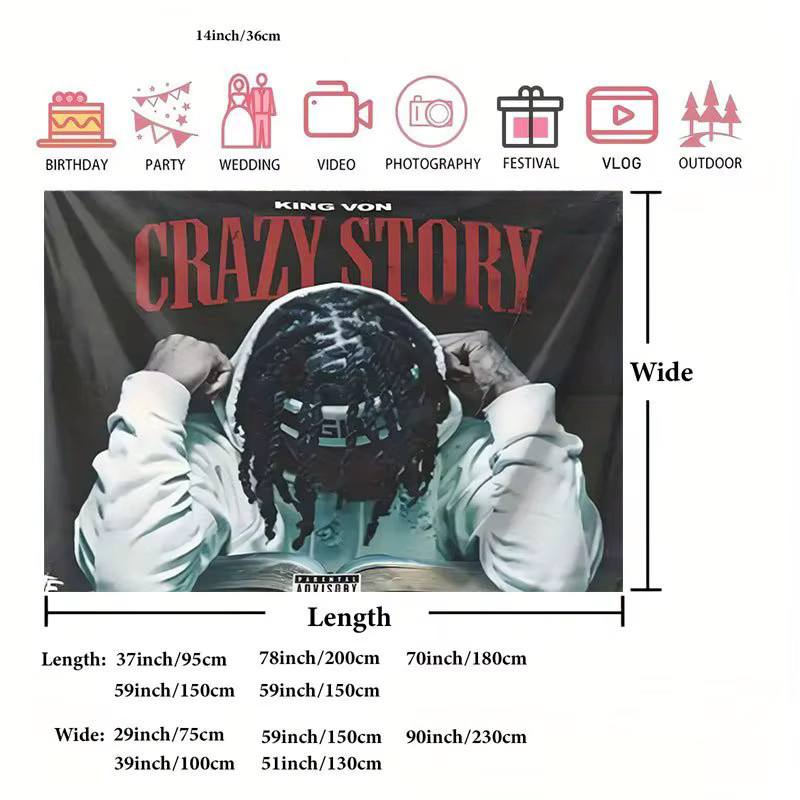 VIKAMA King Von Crazy Story Wandteppich Hip-Hop Album Cover Wandbehang Musik Wandkunst, Mehrfarbig - Bild 4