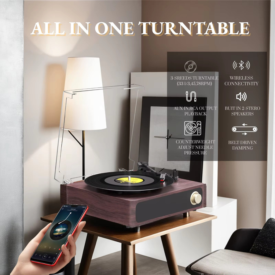 Maio A4 Vintage-Grammophon mit Riemenantrieb und eingebautem Lautsprecher, High-Fidelity-Stereo-Plattenspieler in Rot und Braun - Bild 2
