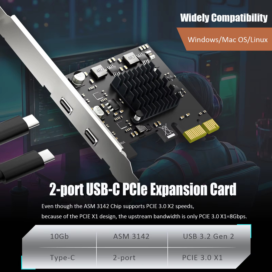 GLOTRENDS USB 3.1 Gen2 Typ-C auf PCIe X1 Erweiterungskarte mit 2 Ports und ASM 3142 Chip, Schwarz - Bild 4