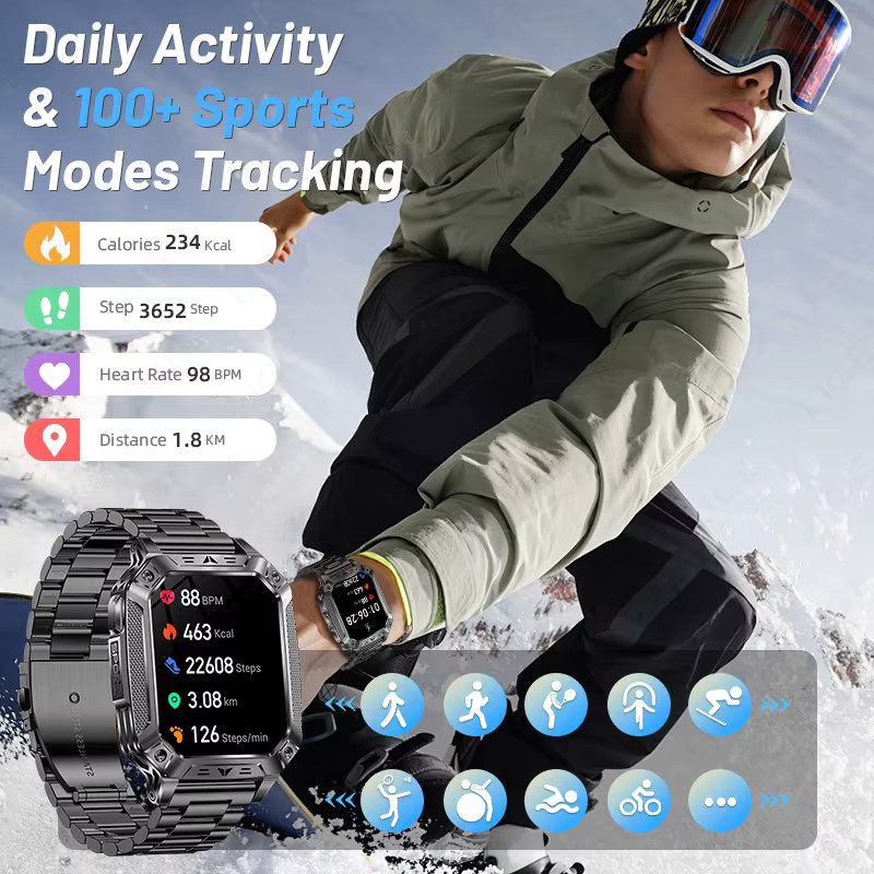 LIGE Militär Smartwatch für Männer mit 1400 mAh Akku, IP68 wasserdicht, taktische Sportuhr mit SOS-Funktion und Taschenlampe in Schwarz-Orange - Bild 6