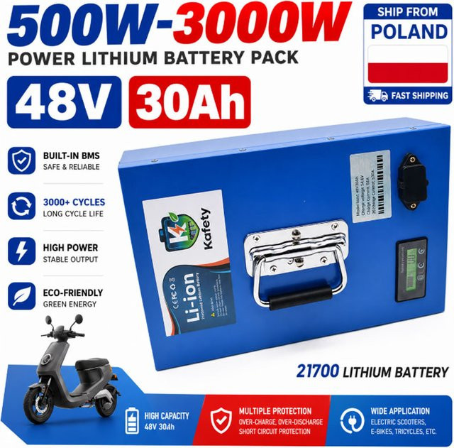 48V 30AH Lithium-Batteriepack mit 21700 Zellen in Blau für Elektrofahrrad, E-Bike und Roller (250W-2000W) - Bild 1