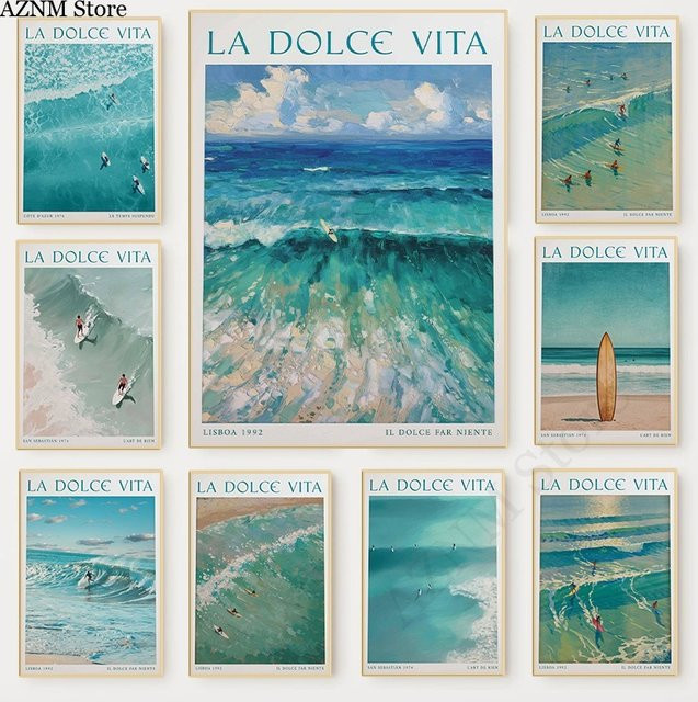 Potdemiel Minimalistisches Sommer-Surf-Poster La Dolce Vita Blue Beach Coastal Leinwandgemälde in Blau - Bild 1
