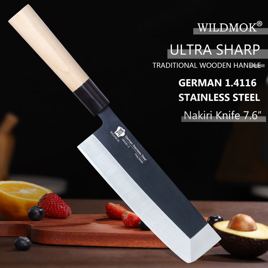 WILDMOK Nakiri-Messer aus deutschem Edelstahl mit traditionellem Holzgriff, Silber, Länge: 17,78 cm - Bild 2