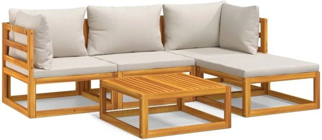 vidaXL 5-tlg Garten-Lounge-Set aus Akazien-Massivholz mit grauen Polstern in L-Form - Bild 1