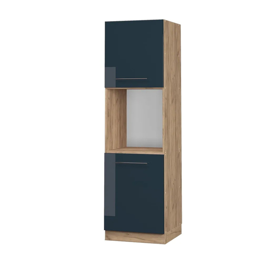 Vicco Herdumbauschrank Fame-Line in Dunkelblau Hochglanz und Goldkraft Eiche mit offenen Regalfächern, Breite: 60 cm, Höhe: 206,8 cm, Tiefe: 58,1 cm - Bild 2