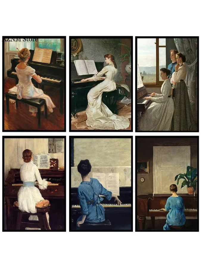 Potdemiel Vintage Leinwand Poster Mädchen am Spielklavier Mehrfarbig Wandkunst Bild ohne Rahmen - Bild 6