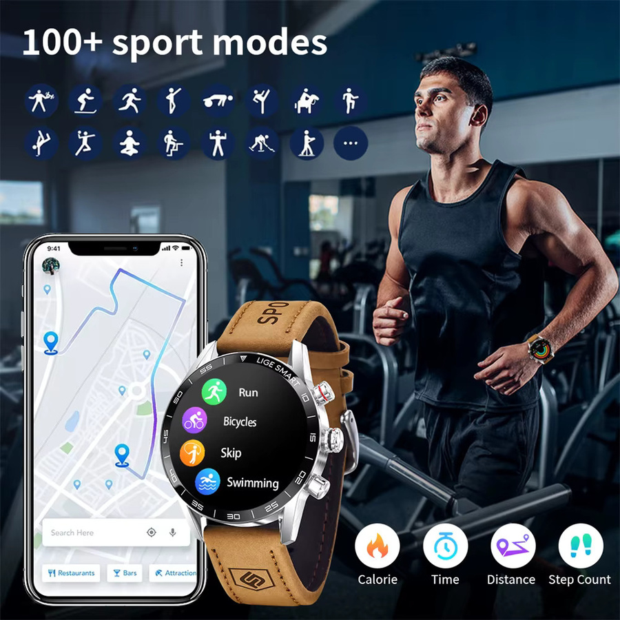 LIGE Smartwatch, Herren, Leder, Schwarz, 1,39 Zoll, Bluetooth - Bild 6