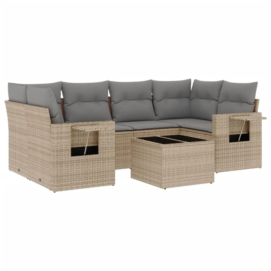 vidaXL 7-teilige Garten-Sofagarnitur in L-Form aus Poly-Rattan mit Kissen in Beige-Grau - Bild 2