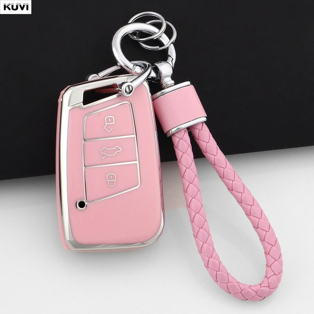 Kuvi Smartkey Schutzhülle aus TPU für Volkswagen VW Passat B8 und Skoda Superb A7 in Pink mit Schlüsselanhänger - Bild 1