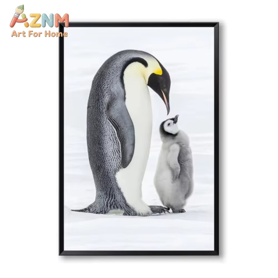 AZNM Leinwand-Dekorationsbild Warme Pinguin-Familie, Rahmenloses Poster mit Tiermotiv in Mehrfarbig, Modernes Wandbild für dein Wohnzimmer - Bild 2