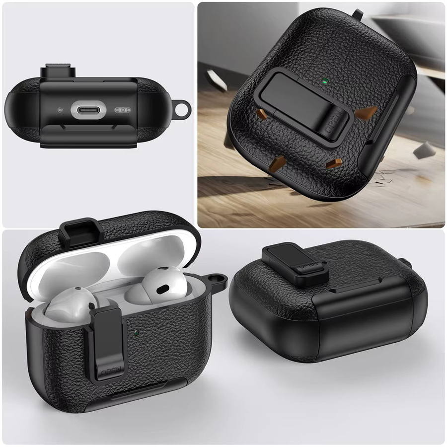 Stoßfeste Kopfhörerhülle für AirPods 4 Pro 2 Pro 3 mit Lederstruktur, Riegelschalter und Halterhaken in Schwarz oder Pink - Bild 1