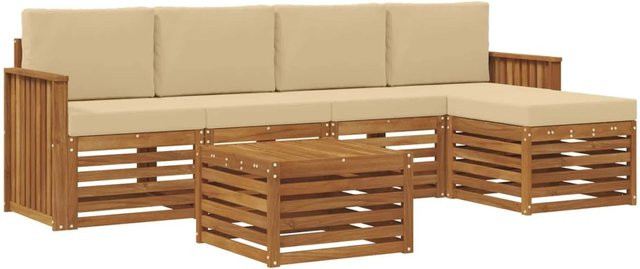 vidaXL Sofagarnitur 6-teilig aus Massivholz Akazie in Natur und Beige mit Polsterung und Kissen im modernen Latten-Design - Bild 1