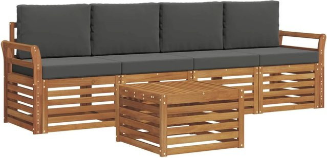 vidaXL 5-teilige Sofagarnitur aus Massivholz Akazie in Natur und Anthrazit mit Tisch und Polstern - Bild 1