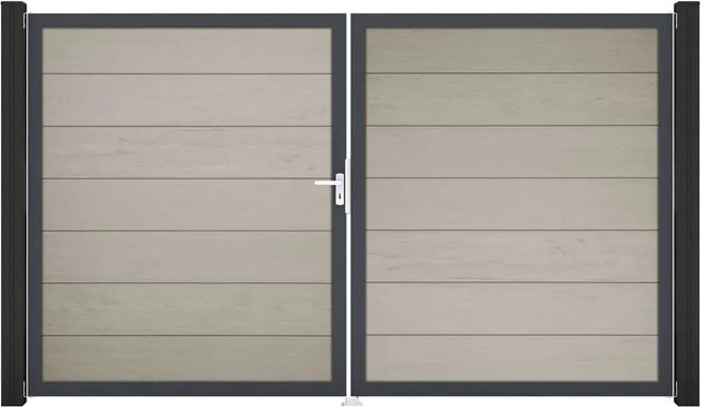 GroJa Solid Grande Steckzaun Tor DIN Links in Bi-Color Sand, 2-flügelig aus Aluminium und BPC - Bild 1
