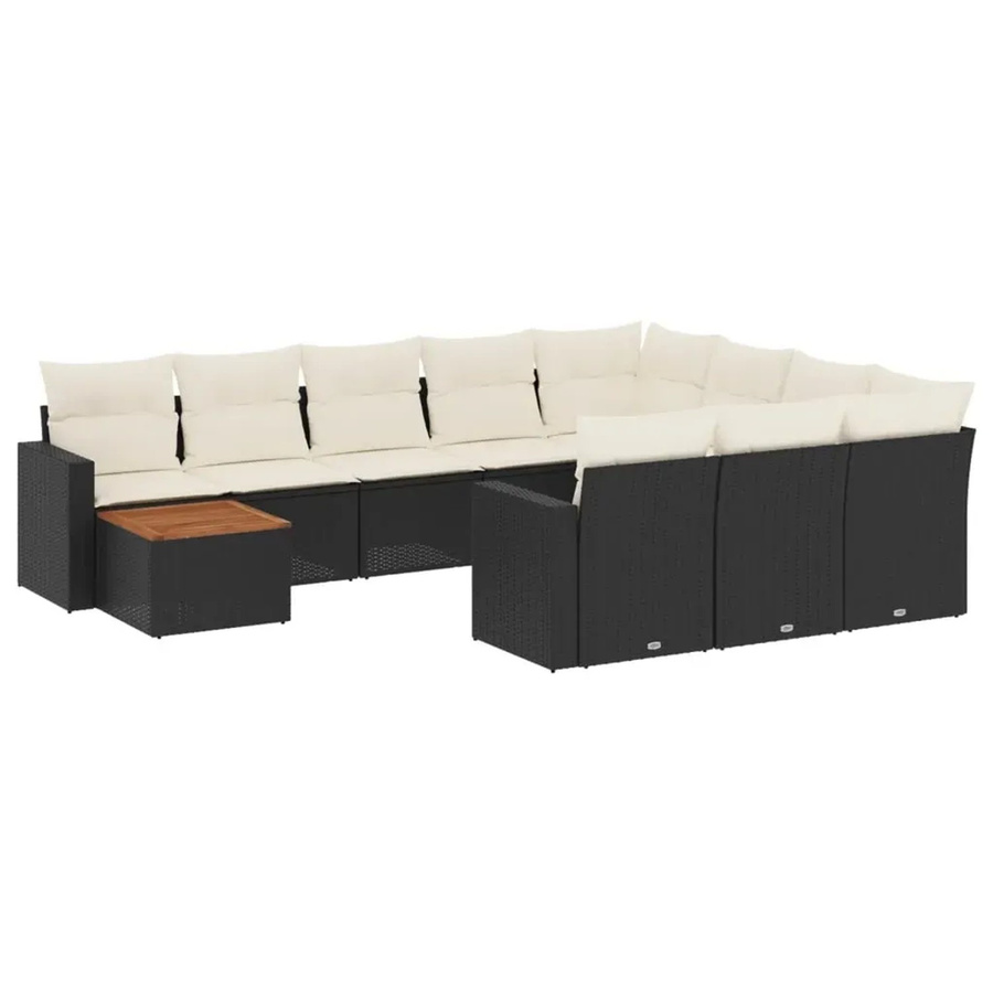 vidaXL 11-tlg Garten-Sofagarnitur in L-Form aus Polyrattan und Akazienholz mit Kissen in Schwarz-Creme - Bild 2