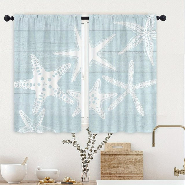 Nautischer Küchenvorhang mit Seestern-Motiv in Blau, semi-transparent, B: 70 cm, H: 150 cm - Bild 1