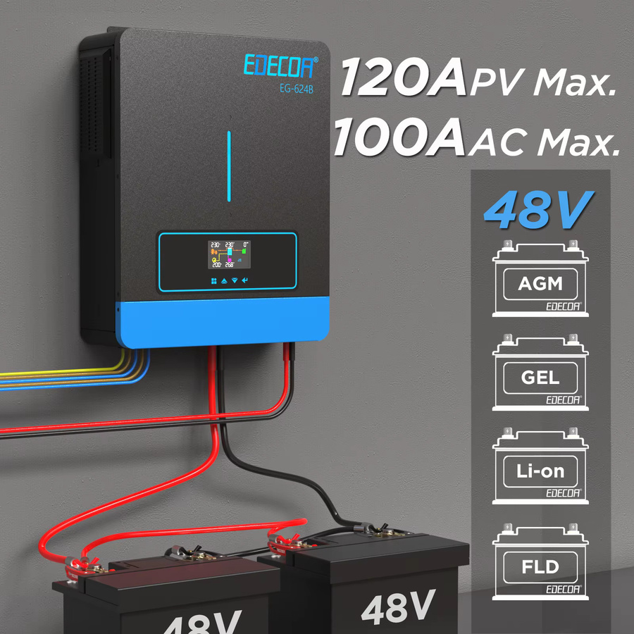 EDECOA Hybrid-Solar-Wechselrichter 6,2 kW mit MPPT 120 A Solar-Ladegerät, reiner Sinus, 48 V, 220 V/230 V und zwei Ausgängen - Bild 3