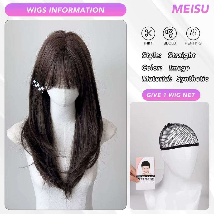 MEISU Perücke, 24 Zoll, braun, geschichtet, gerader Pony, Damen - Bild 2