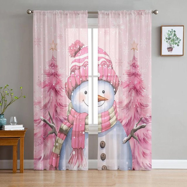 Transparente Weihnachts-Tüllvorhänge mit Schneemann und Schneeflocken in Weiß und Rosa, Breite: 135 cm, Höhe: 115 cm - Bild 1