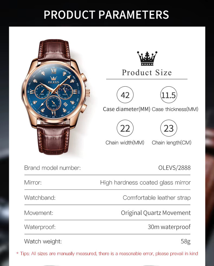 OLEVS Armbanduhr Chronograph, Quarz, Leder, Blau, Herren - Bild 5