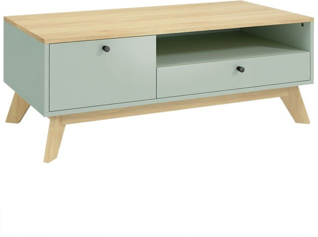 HOMCOM Couchtisch in Hellgrün und Eiche, rechteckiger Beistelltisch mit Schublade, Tür und offenem Fach, B/T/H: 100 x 50 x 40 cm - Bild 1