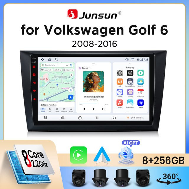 Junsun Wireless CarPlay und Android Auto Autoradio für Volkswagen Golf Mk6 Typ 5K/517 (2008-2016) mit GPS Navigation, WiFi, Bluetooth, DSP und IPS Display in Schwarz - Bild 1