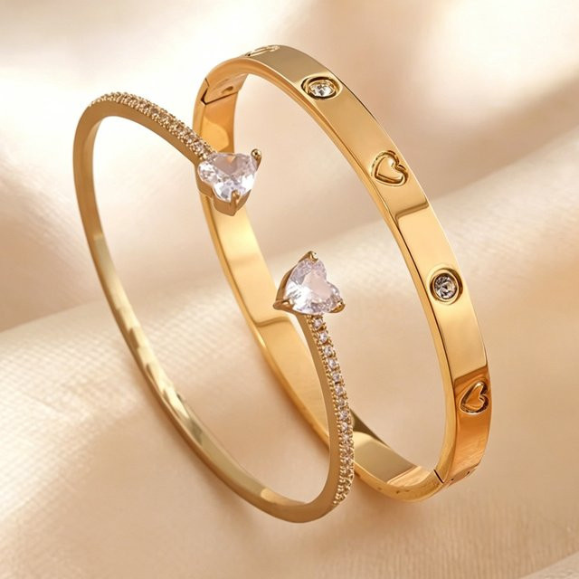Yupsk Manschettenarmband Doppelherz, Zirkonia, Gold, Damen - Bild 1