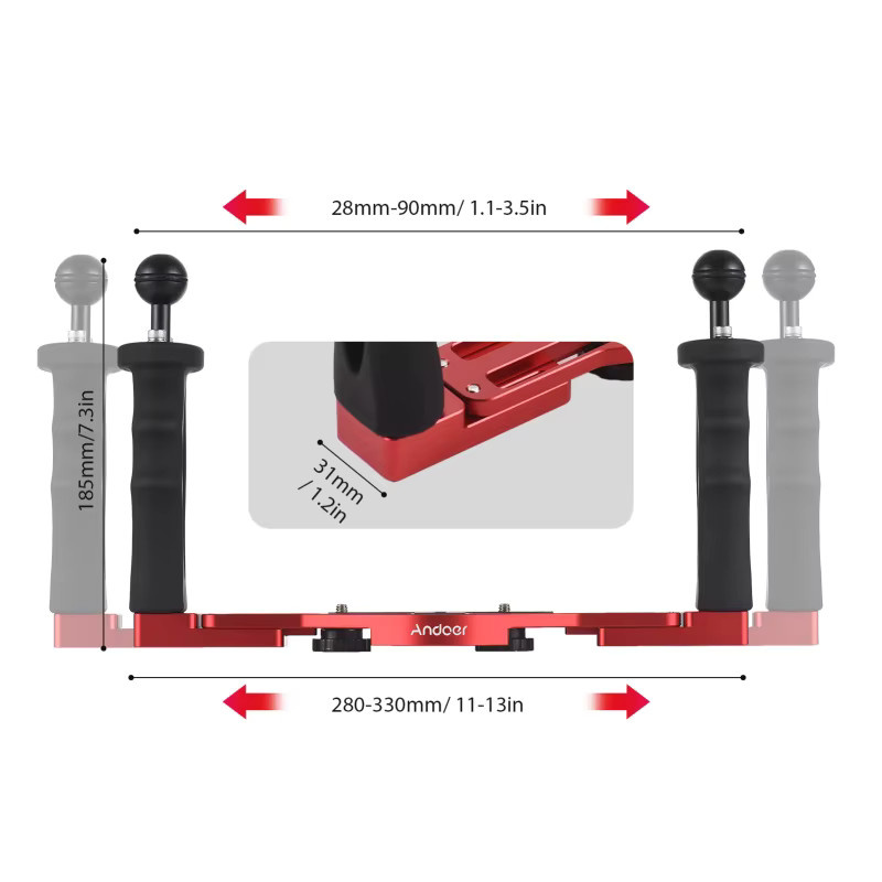 Tragbares wasserdichtes Unterwasser-Stabilisatorgehäuse mit Doppelgriff für GoPro, Canon, Sony, Nikon und DSLR in Rot - Bild 4