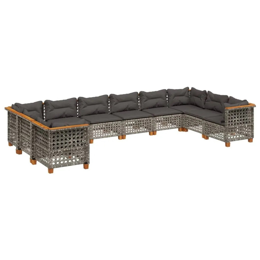 vidaXL 10-tlg Garten-Sofagarnitur in U-Form aus Polyrattan und Akazienholz in Grau mit Sitzkissen und Rückenkissen - Bild 2