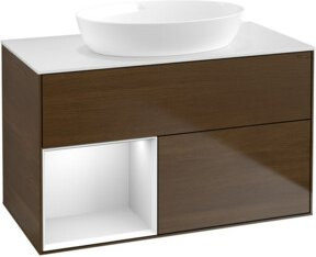 V&B Waschtischunterschrank Finion 100 in Weiß mit Regalelement in Walnuss lackiert, Breite: 100 cm, Höhe: 50,1 cm, Tiefe: 50,1 cm - Bild 1