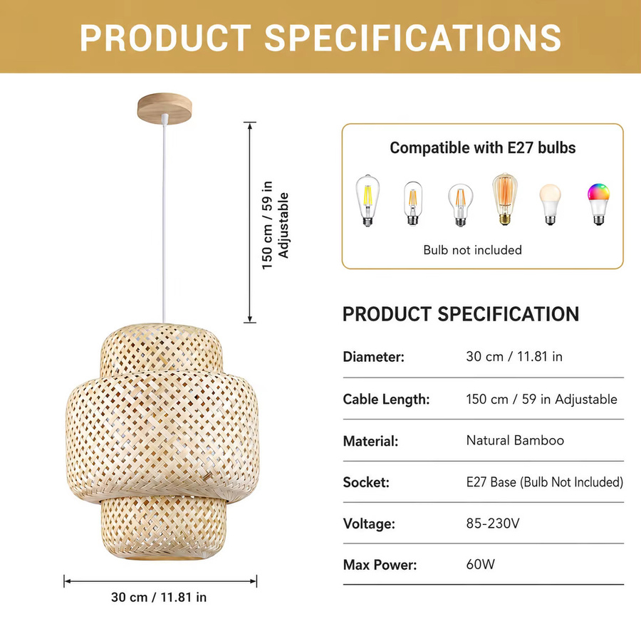 2er-Set JOYINLED Pendelleuchten aus Bambus und Rattan im Boho-Stil, handgewebte Hängelampen für Wohnzimmer und Esszimmer, Durchmesser: 30 cm - Bild 2